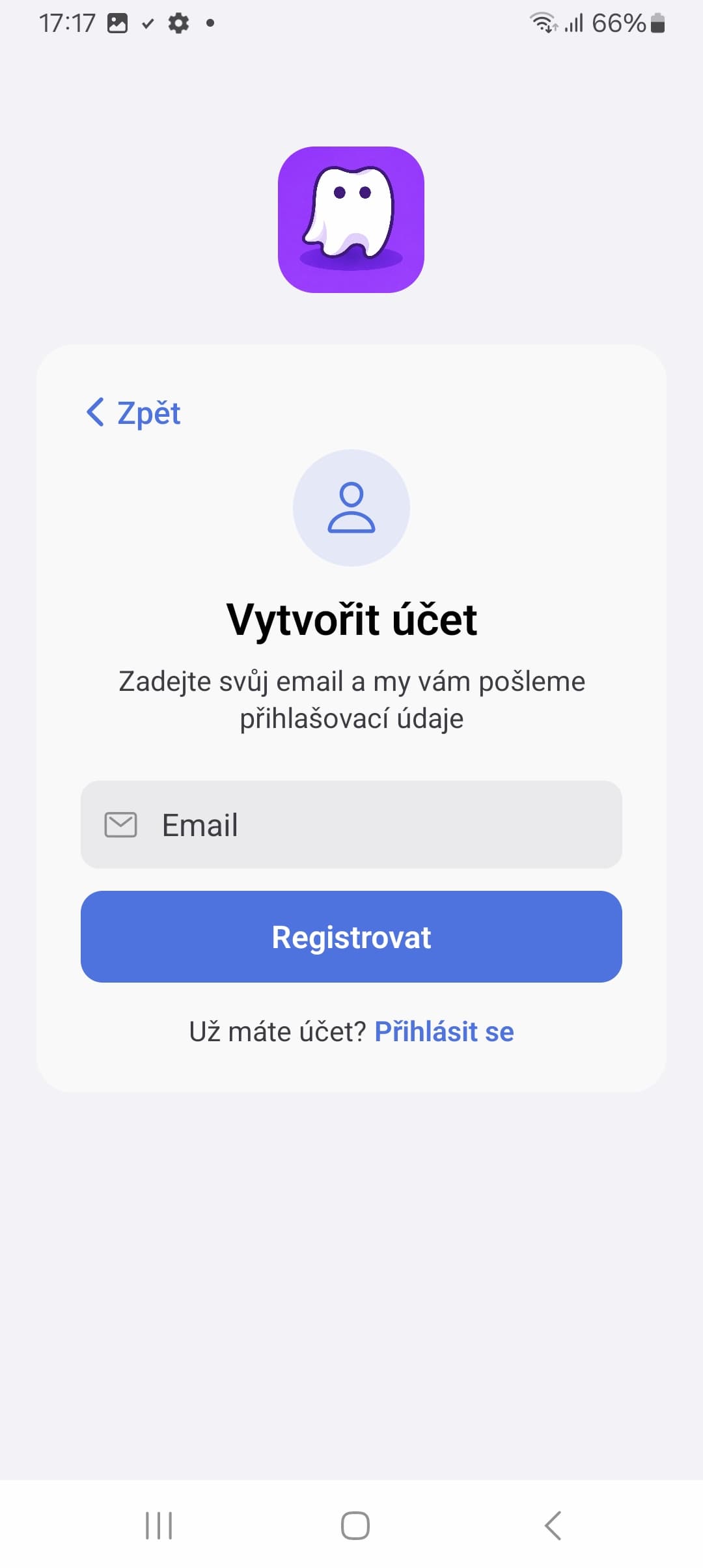 Formulář Vytvořit účet s polem Email