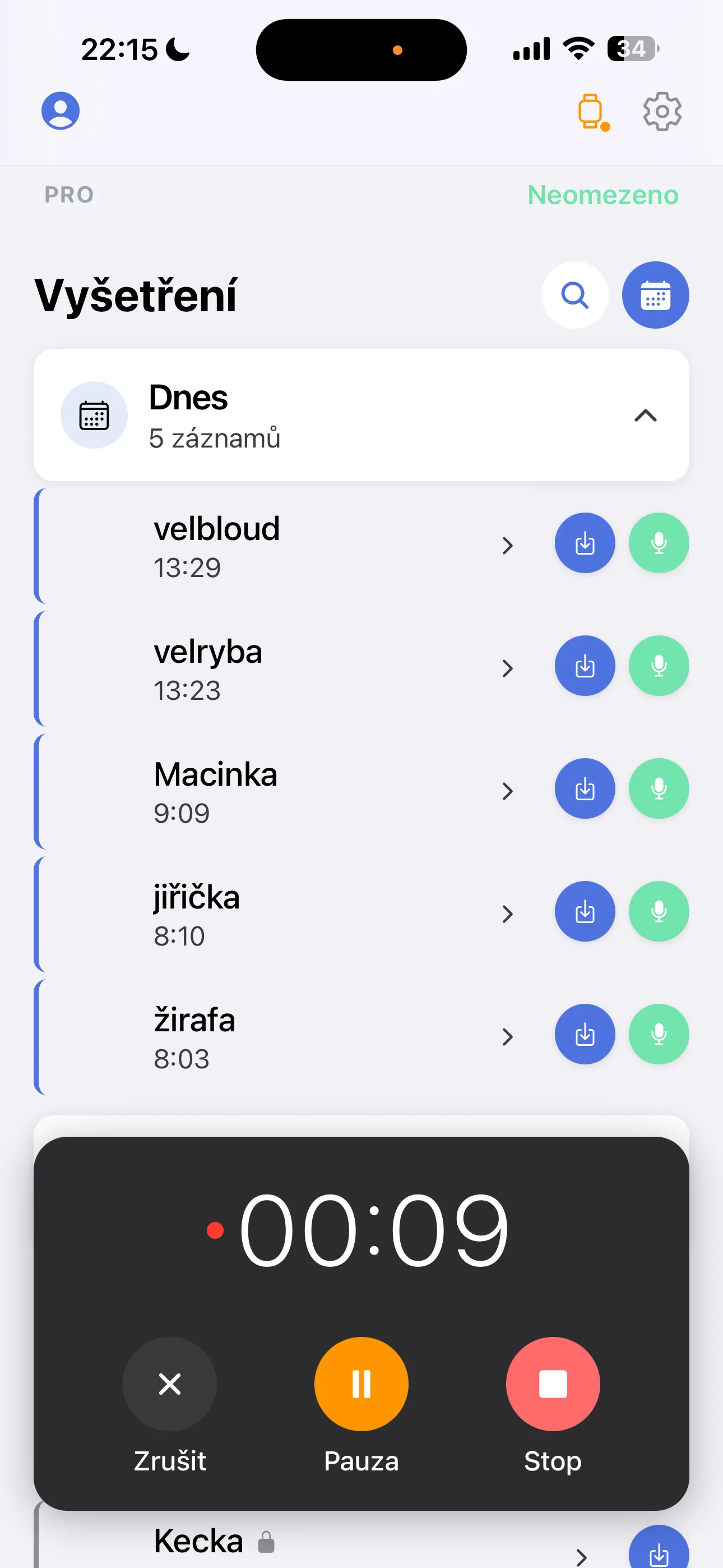 EDOWhisper iPhone — seznam vyšetření a živé nahrávání